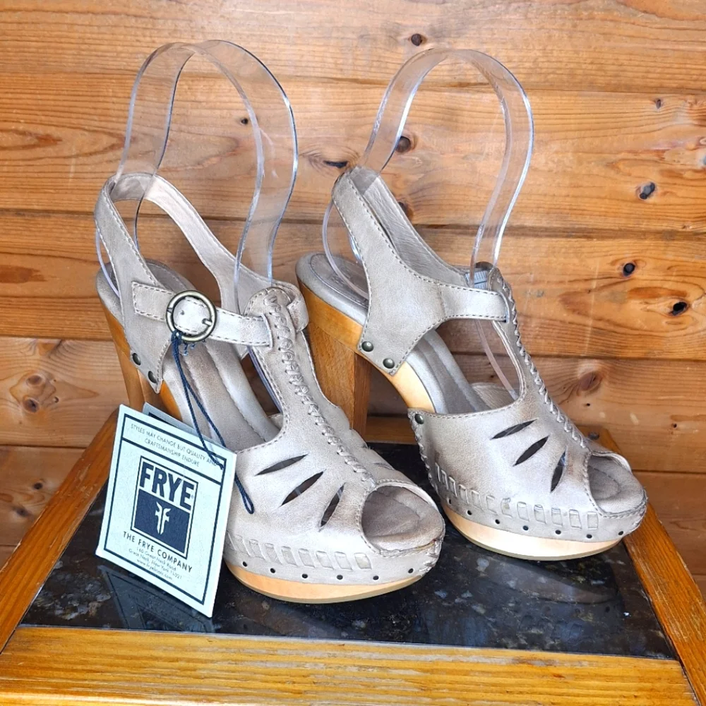 ❤️ FRYE Fran X Stich Platform Heels Brown Leather Wood Sandals Size 6.5 M
